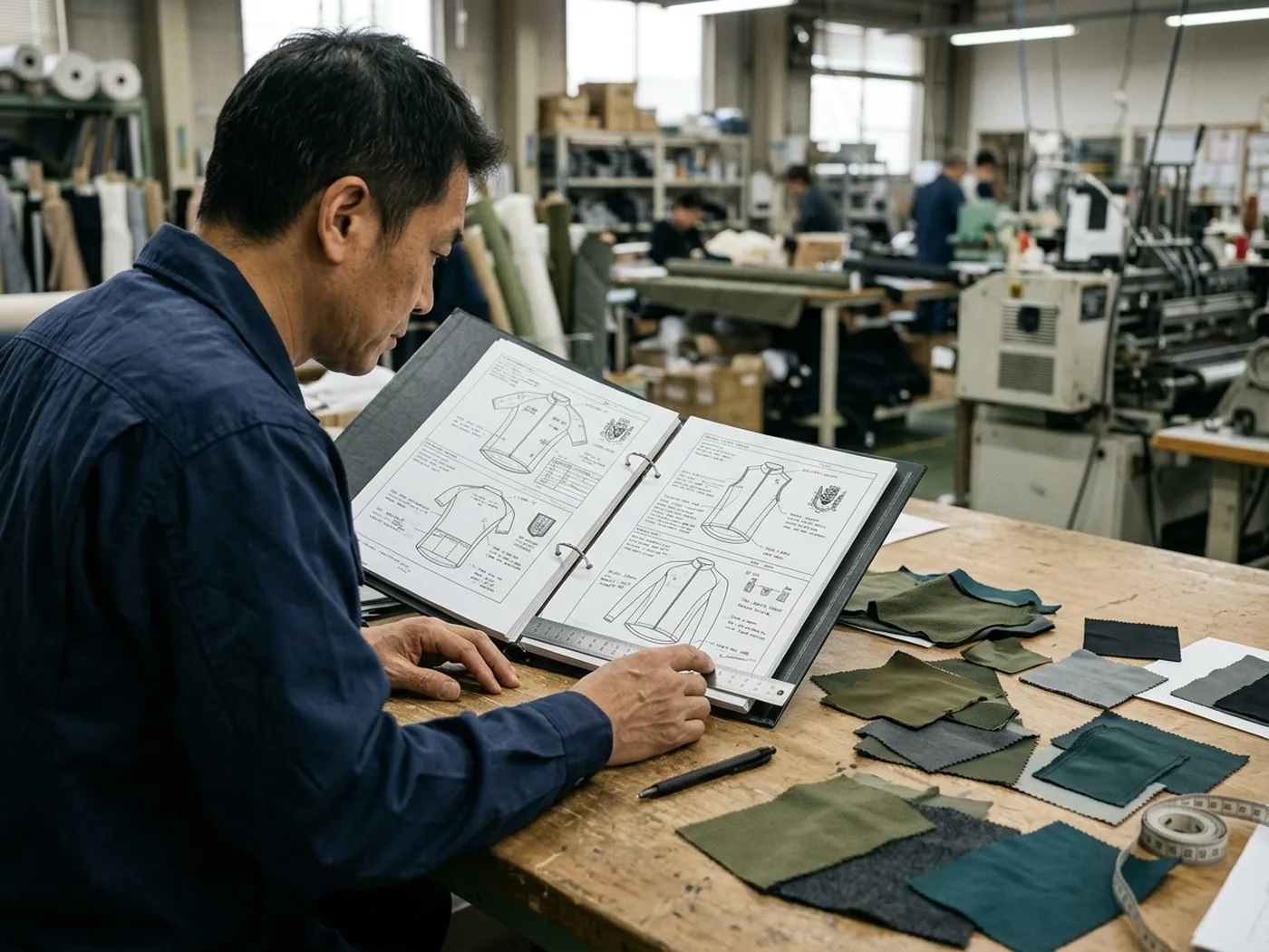 A tech pack document being reviewed at a desk