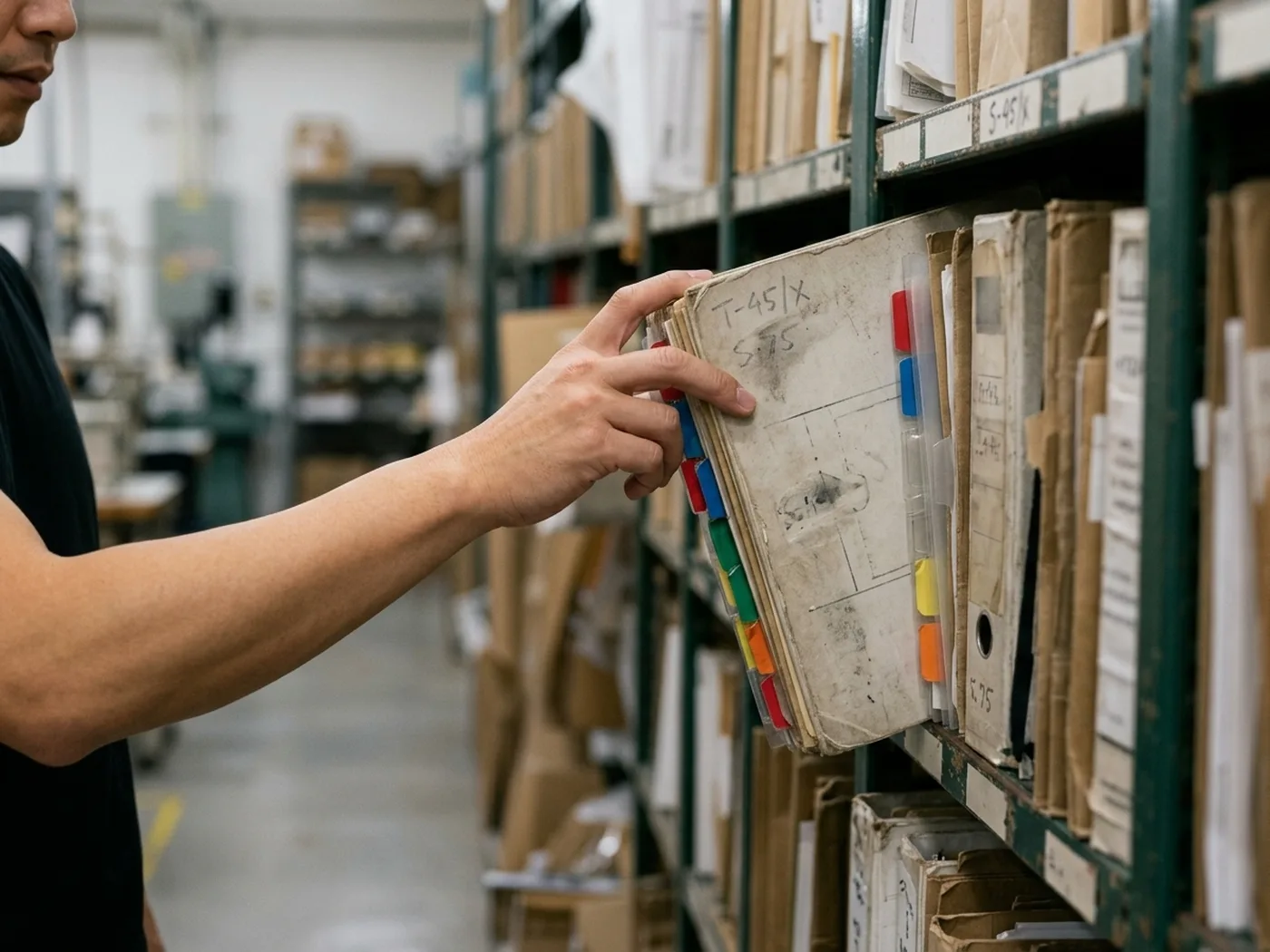A labeled production tech pack binder on a shelf