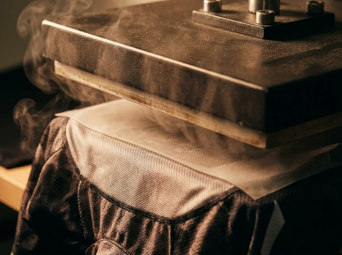 A heat press applying a transfer to fabric