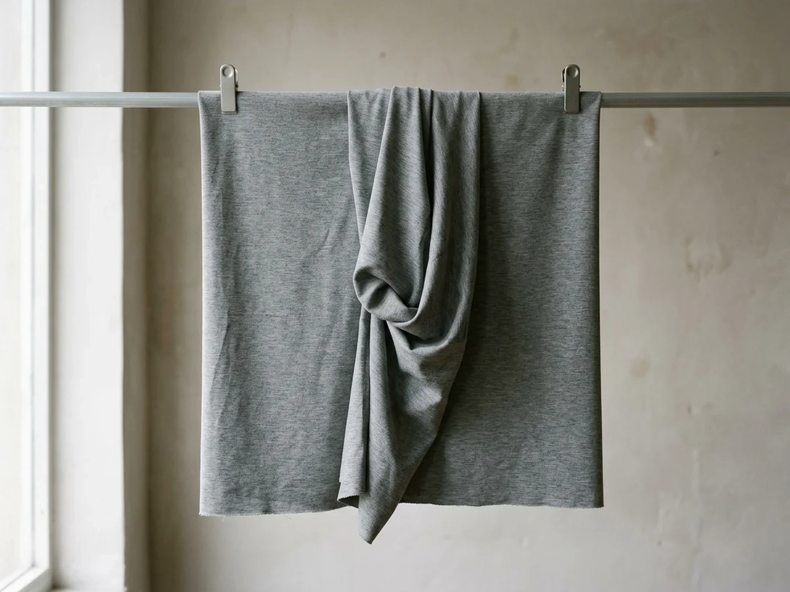 A panel of grey performance knit hung from two points with a soft fold of surplus cloth hanging slack in the middle