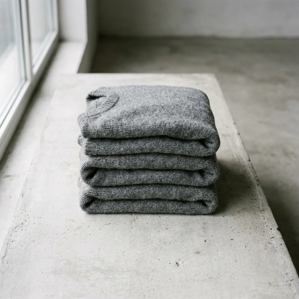 Three folded grey knit garment pieces stacked in a neat pile