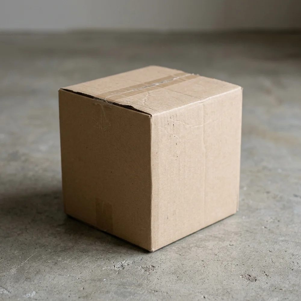 A plain unmarked cardboard carton, closed and taped shut