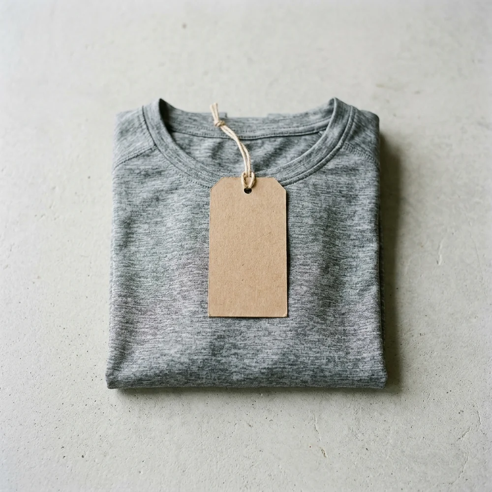 A folded plain grey knit garment with a blank kraft tag resting on it