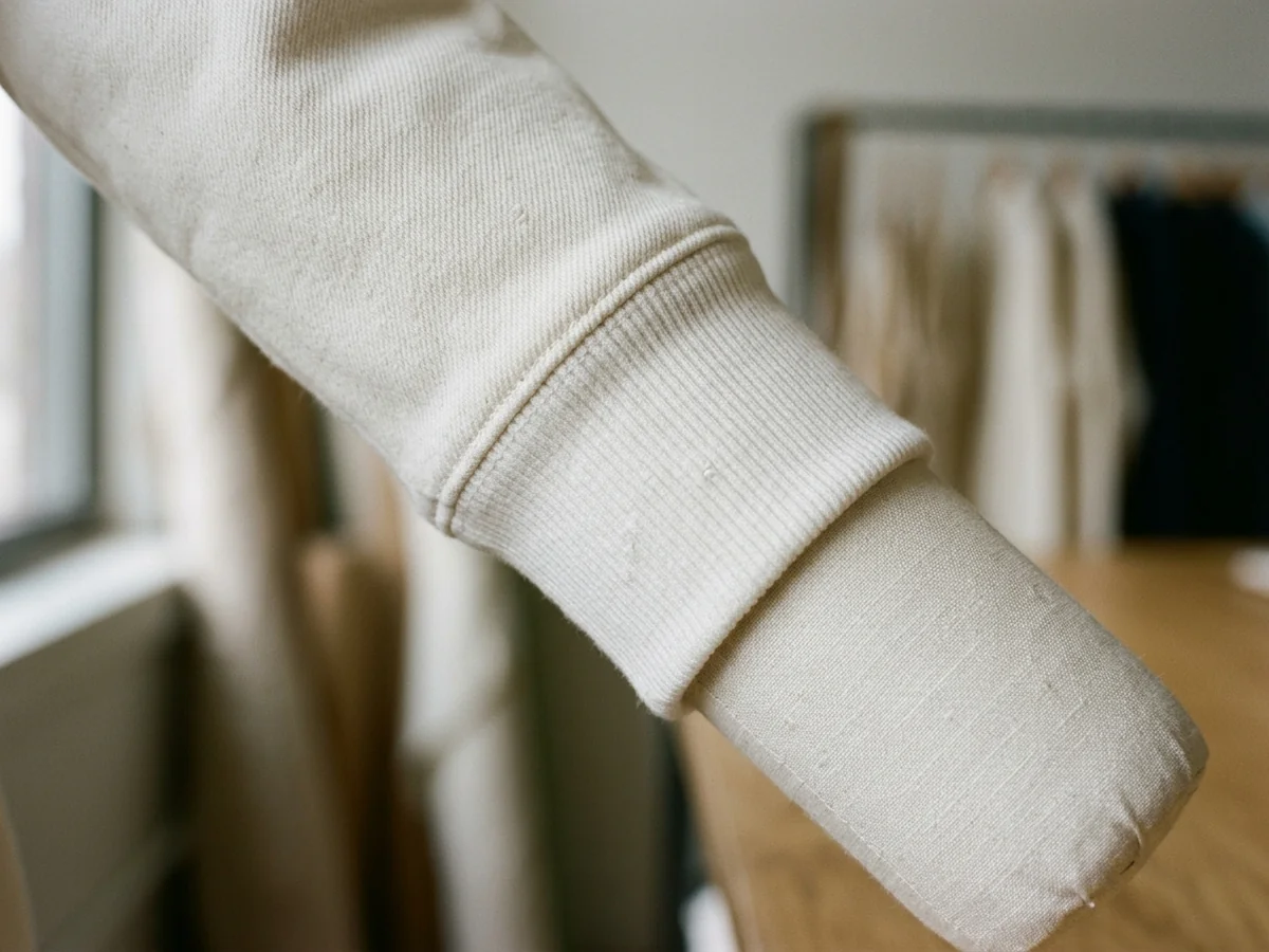 Macro of a white ribbed cuff band resting against a forearm