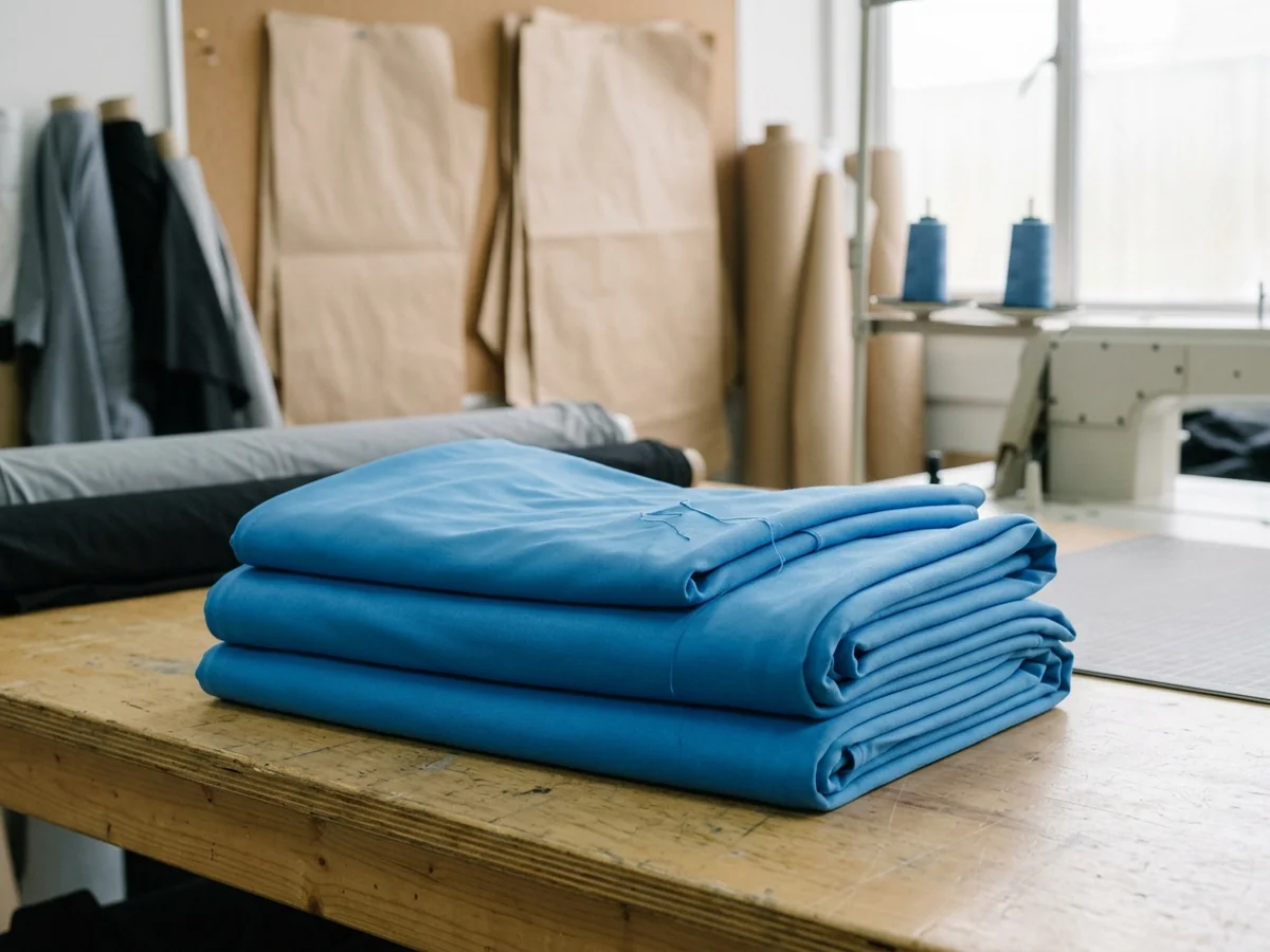Macro of smooth bright blue fabric in soft folds