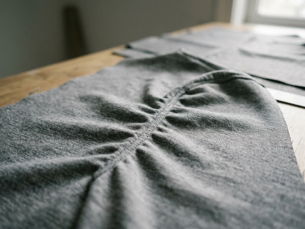 Close macro of a curved shoulder and armhole edge with eased fullness rippling along the seam line