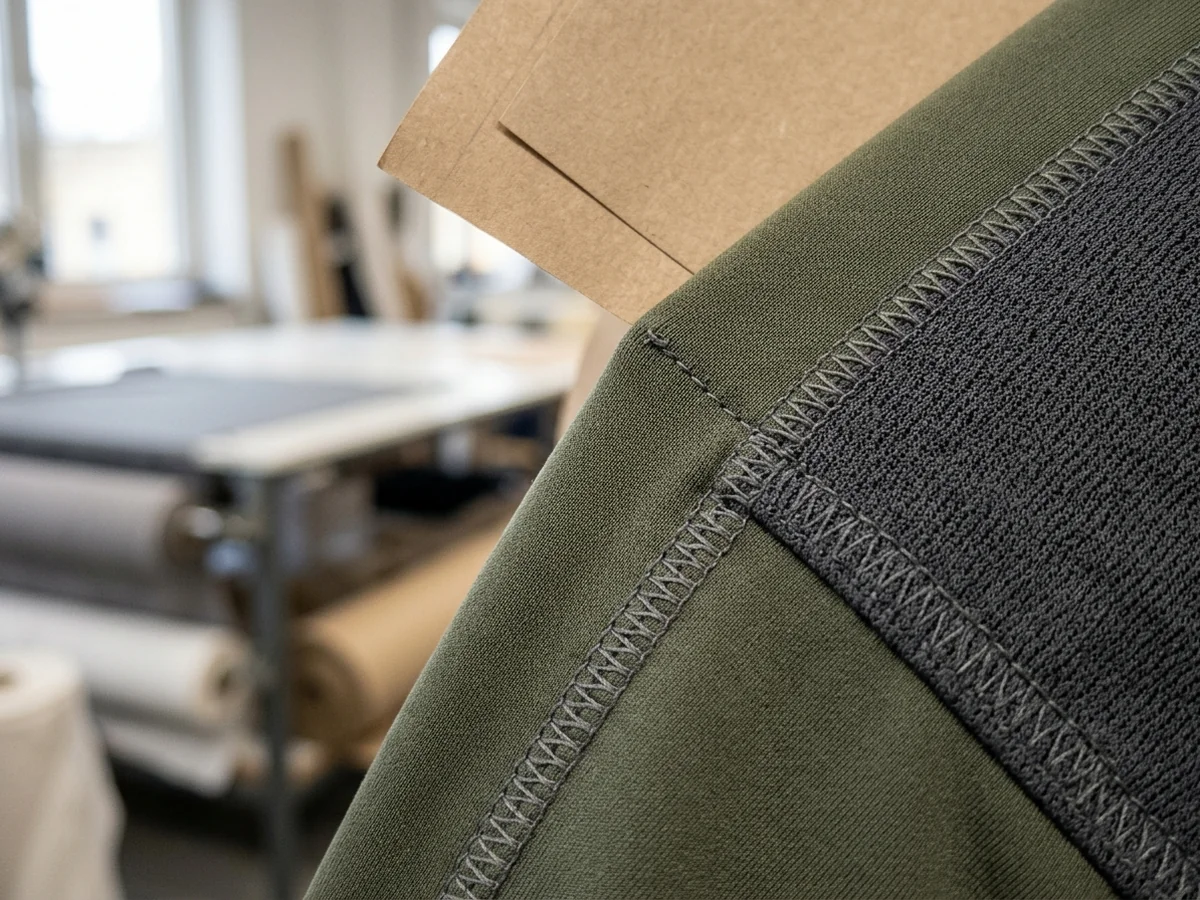 Macro of two fabric layers joined along one topstitched seam