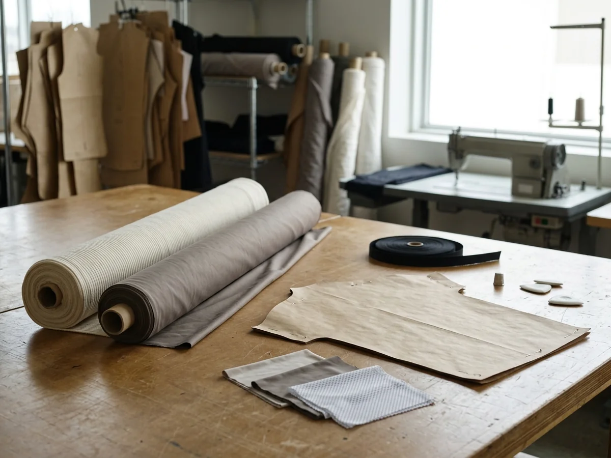 Cream ribbed knit rolled beside a length of plain fabric