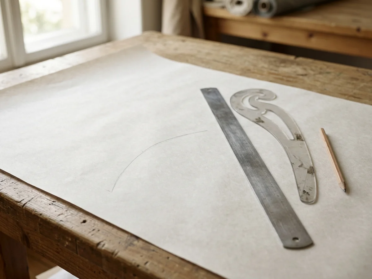 Blank pattern paper on a table with a curve rule and position measurements being drafted onto it